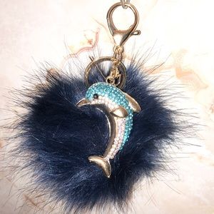 Faux Fur PomPom w/ Rhinestone Dolphin pendant Keychain